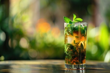 Tea mojito with tea leaves and mint, served in a clear glass, tea garden background, copy space for text