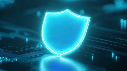 Glowing blue shield icon representing cybersecurity and data protection on a dark reflective digital surface.