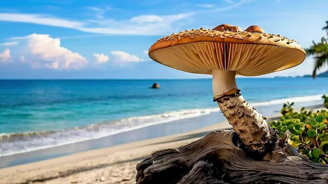 a mushroom on a beach