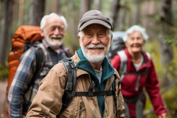 Fototapeta premium Three older people are smiling and posing for a photo while hiking