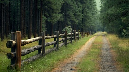 Fototapeta premium A serene forest path bordered by a rustic wooden fence, inviting exploration in nature.