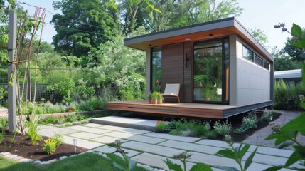Sleek minimalist playhouse in a modern garden surrounded by lush greenery and geometric landscaping during bright daylight