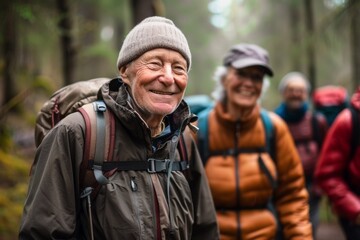 Fototapeta premium Three older people are smiling and posing for a photo while hiking