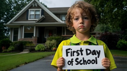 Sad Boy Holding First Day Of School Sign