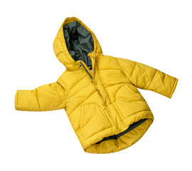 Yellow child boy's jacket isolated on white nobody. Kid's puffer single object, fashion...