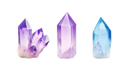 Three purple and blue crystals are shown in a row