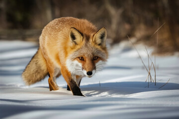 Fototapeta premium a red fox as it prowls through the snow