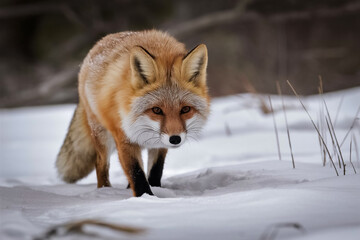 Fototapeta premium a red fox as it prowls through the snow