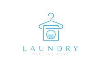 Laundry logo design template. Creative logo of hanger and washing machine combination in linear style