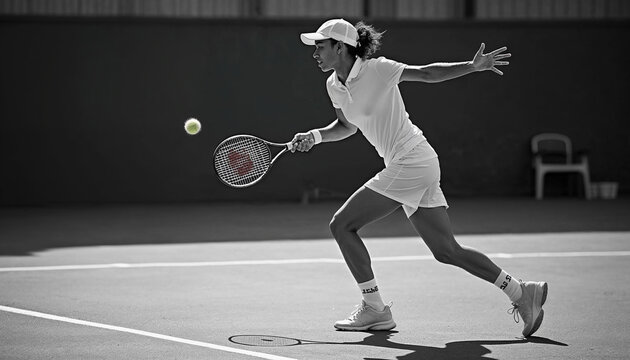 Digital composite of Black and white image of tennis player ready to play