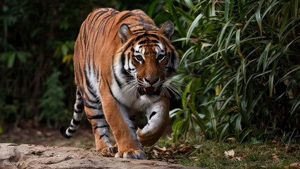 Obraz premium a tiger as it steps out from the dense foliage