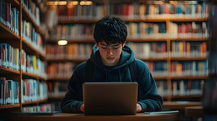 Young Man Using Laptop in Library with Bookshelves in Background