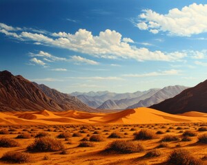 Naklejka premium Expansive Desert Landscape Under Vibrant Blue Skies During a Sunny Day Amidst Mountain Range