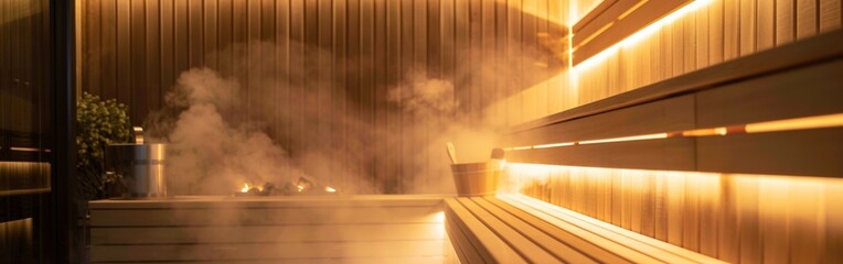 Relaxing atmosphere in a modern sauna with warm lighting and steam rising during the evening hours. Wide web banner.