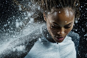 Fototapeta premium female athlete in speed and determination. Dust snow particles. Cinematic studio shot.