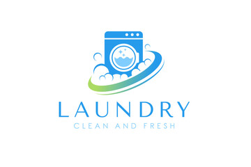 Laundry logo design template. Washing machine with bubbles illustration concept for laundry logo