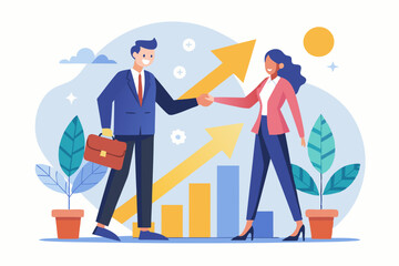 Cooperation partnership, work together for success, team collaboration, agreement or negotiation, collaborate concept, businessmen handshake on growth arrow joining connection agree to work together.
