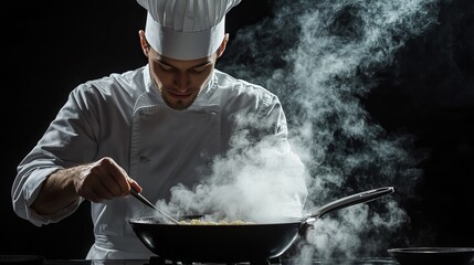 A seasoned chef expertly crafts culinary delights in a steaming pan against a sleek black backdrop. This evocative image captures the essence of fine dining and hospitality
