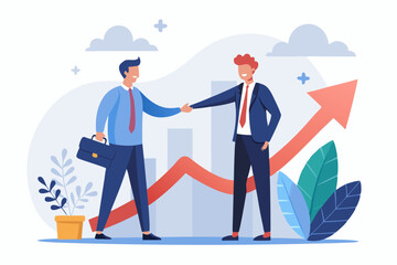 Cooperation partnership, work together for success, team collaboration, agreement or negotiation, collaborate concept, businessmen handshake on growth arrow joining connection agree to work together.
