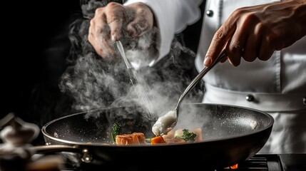 A seasoned chef expertly crafts culinary delights in a steaming pan against a sleek black backdrop. This evocative image captures the essence of fine dining and hospitality