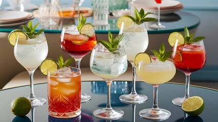 Alcohol cocktails with lime, ice cubes and mint on table