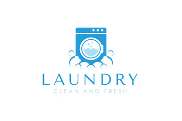 Laundry logo design template. Washing machine with bubbles illustration concept for laundry logo
