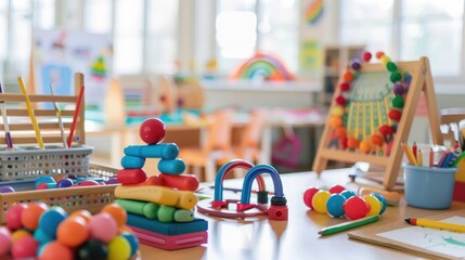 Close-up of a teacher's desk with educational toys and classroom supplies, representing a job in early childhood education