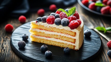 A slice of delectable sponge cake adorned with fresh berries and mint nestles elegantly on a rustic black wooden table, evoking a symphony of flavors and textures. 