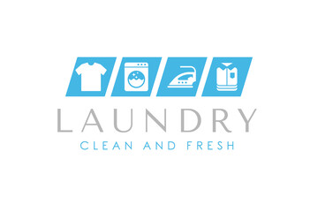 Creative laundry logo design template. Washing machine, clothes, iron, and folded clothes icon
