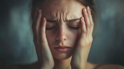 A young woman is seated with her eyes closed, hands on her head, and a pained expression, reflecting overwhelming stress and anxiety. Generative AI