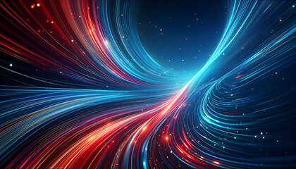 Abstract digital artwork featuring vibrant blue and red light trails swirling against a dark background with glowing dots that add depth and dimension to the design