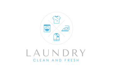 Laundry logo design template. Washing machine, clothes, iron, and folded clothes line outline icon