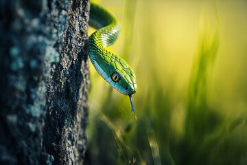 Green snake with blue tongue winding around a tree trunk in the forest.