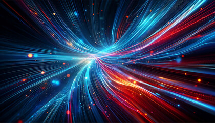 Abstract digital artwork featuring vibrant blue and red light trails swirling against a dark background with glowing dots that add depth and dimension to the design