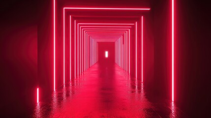 Fototapeta premium Red neon lights illuminate a modern corridor with geometric patterns in an urban setting