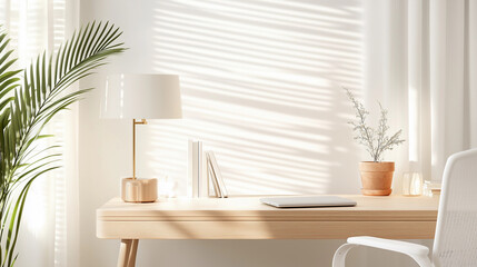 Sunlit minimalist home office desk clean design closed laptop potted plant and lamp natural light bright cozy workspace empty blank wall mockup copy space sun shadow wallpaper 