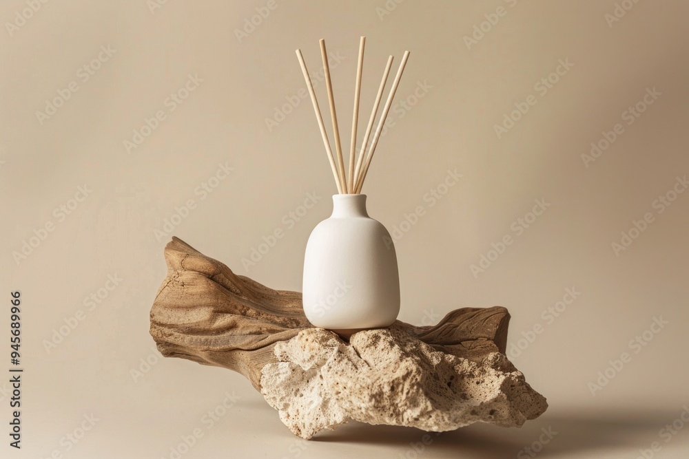 Sticker Reed diffuser packaging mockup wood handicraft chopsticks.