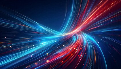 Abstract digital artwork featuring vibrant blue and red light trails swirling against a dark background with glowing dots that add depth and dimension to the design