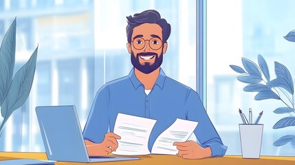 A happy man in a blue shirt is sitting at a desk with a laptop and holding documents, working on a project plan or collage of presentation background, doodle style