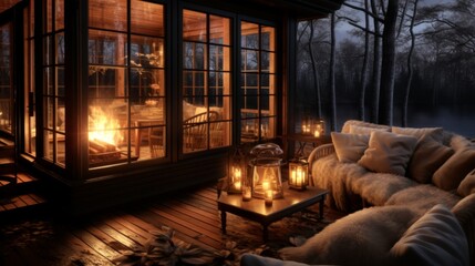 cabin fireplace windows night view photo