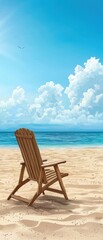 Fototapeta premium A serene beach scene featuring a wooden chair facing the tranquil ocean under a clear blue sky, perfect for relaxation.