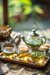Fototapeta premium A serene afternoon tea session with green tea and herbal infusion served in glass cups on a wooden tray