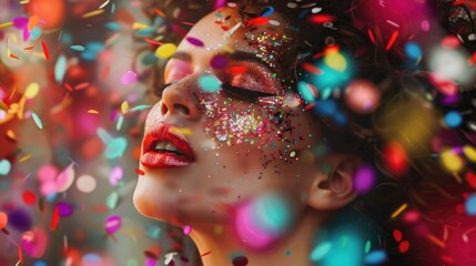 colorful confetti falling on a glamourous fashion model, generative ai