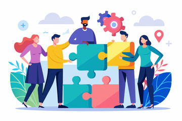 Team puzzle jigsaw connect, teamwork solving problem or cooperation for team success, collaboration idea, colleague work together concept, business people coworker help connect team jigsaw.
