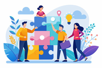 Team puzzle jigsaw connect, teamwork solving problem or cooperation for team success, collaboration idea, colleague work together concept, business people coworker help connect team jigsaw.
