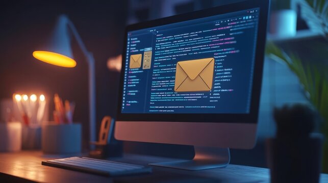 Closeup of a computer screen displaying an email inbox with new messages, illuminated by morning light, digital start to the workday