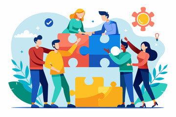 Team puzzle jigsaw connect, teamwork solving problem or cooperation for team success, collaboration idea, colleague work together concept, business people coworker help connect team jigsaw.
