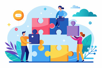Team puzzle jigsaw connect, teamwork solving problem or cooperation for team success, collaboration idea, colleague work together concept, business people coworker help connect team jigsaw.
