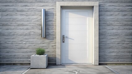 A bright, modern white front door with a sleek silver door handle and subtle texture, set against a clean, light-gray exterior wall backdrop.