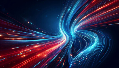 Obraz premium Abstract digital artwork featuring vibrant blue and red light trails swirling against a dark background with glowing dots that add depth and dimension to the design